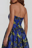 Floral Blue and White A Line Strapless Long Prom Dress with Slit