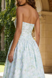 Floral Blue and White A Line Strapless Long Prom Dress with Slit
