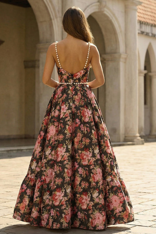 Black and Pink Floral Spaghetti Straps A Line Long Prom Dress with Pearls