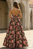 Black and Pink Floral Spaghetti Straps A Line Long Prom Dress with Pearls