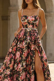 Black and Pink Floral Spaghetti Straps A Line Long Prom Dress with Pearls