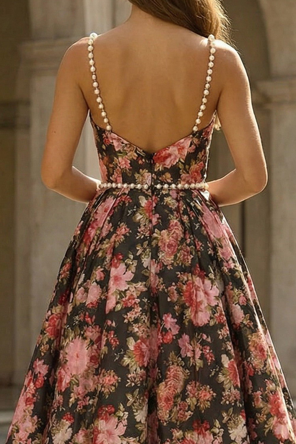 Black and Pink Floral Spaghetti Straps A Line Long Prom Dress with Pearls