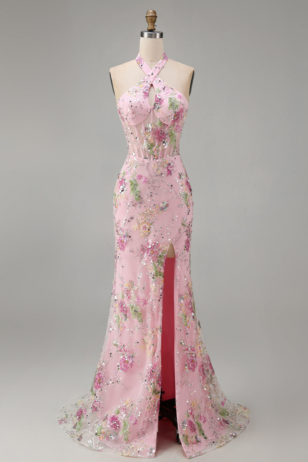 Sparkly Pink Floral Sequins Halter Mermaid Long Corset Prom Dress with Slit