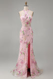 Sparkly Pink Floral Sequins Halter Mermaid Long Corset Prom Dress with Slit