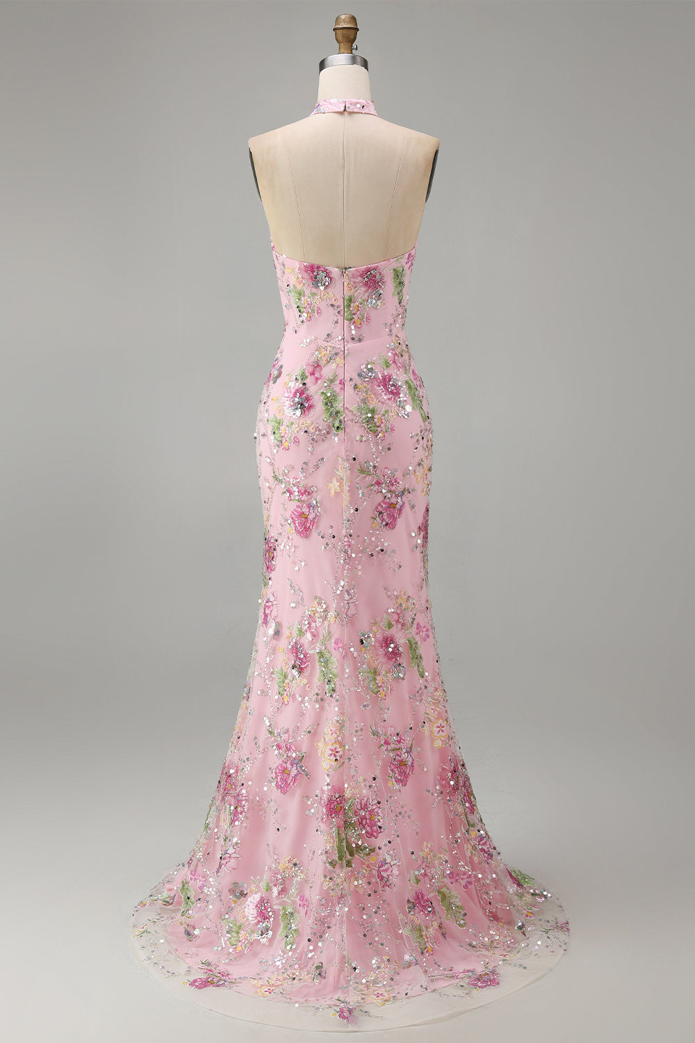 Sparkly Pink Floral Sequins Halter Mermaid Long Corset Prom Dress with Slit