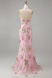 Sparkly Pink Floral Sequins Halter Mermaid Long Corset Prom Dress with Slit