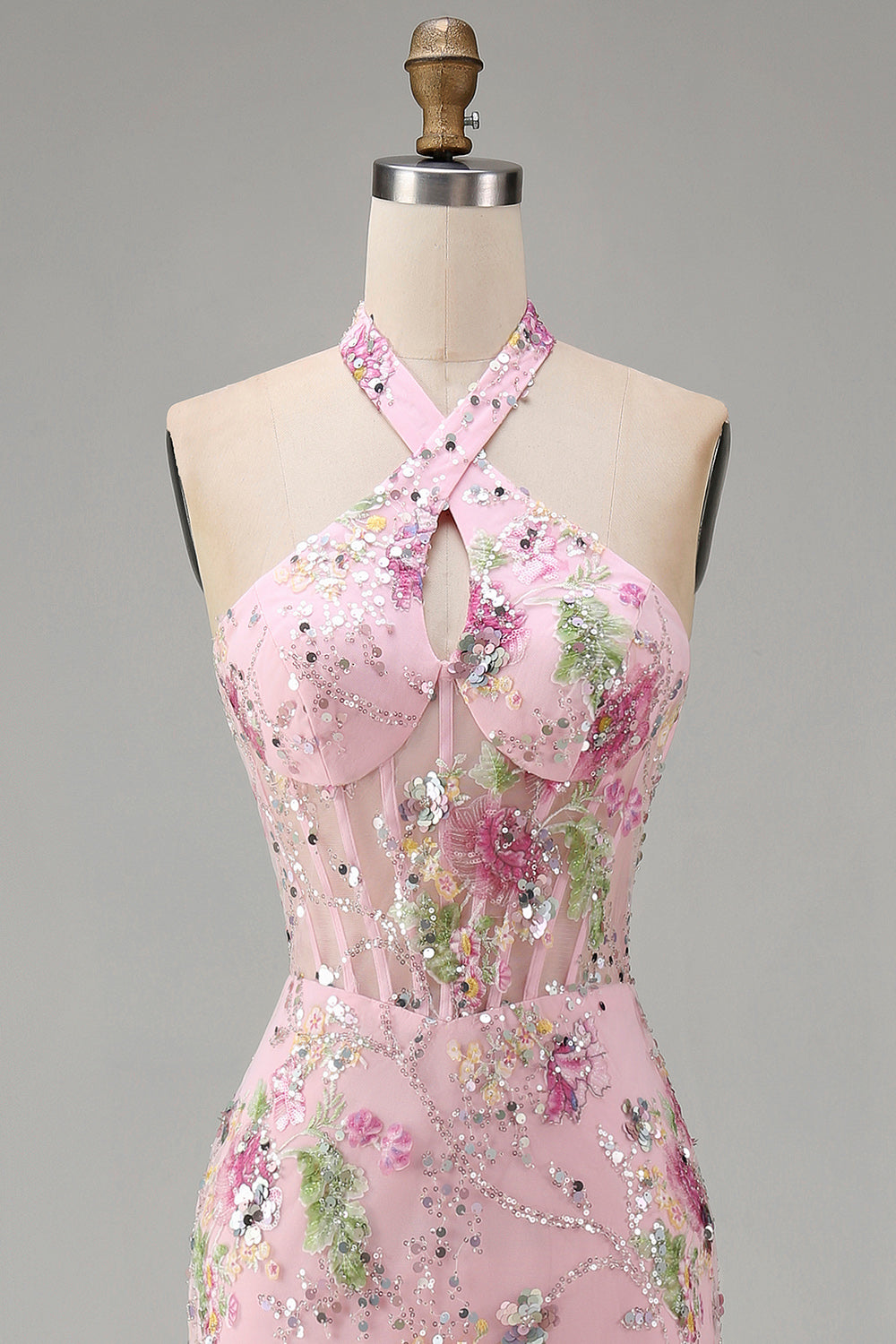 Sparkly Pink Floral Sequins Halter Mermaid Long Corset Prom Dress with Slit