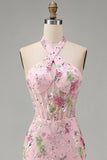 Sparkly Pink Floral Sequins Halter Mermaid Long Corset Prom Dress with Slit