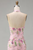 Sparkly Pink Floral Sequins Halter Mermaid Long Corset Prom Dress with Slit