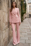 2 Piece Pink Double Breasted Wide Leg Peak Lapel Business Suits with Sleeves