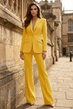 2 Piece Yellow Single Breasted Peak Lapel Wide Leg Business Suits