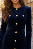 Navy Round Neck Pencil Long Sleeves Short Work Dress with Buttons