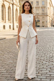Ivory 2 Piece Round Neck Wide Leg Business Suits with Buttons