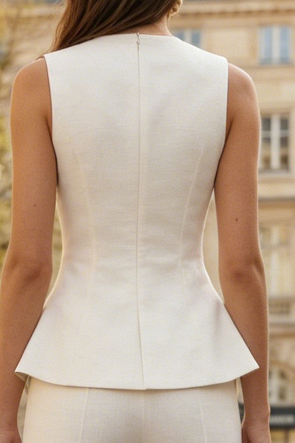 Ivory 2 Piece Round Neck Wide Leg Business Suits with Buttons