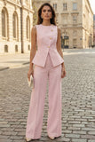 Ivory 2 Piece Round Neck Wide Leg Business Suits with Buttons