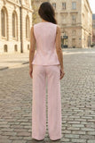 Ivory 2 Piece Round Neck Wide Leg Business Suits with Buttons