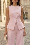 Ivory 2 Piece Round Neck Wide Leg Business Suits with Buttons