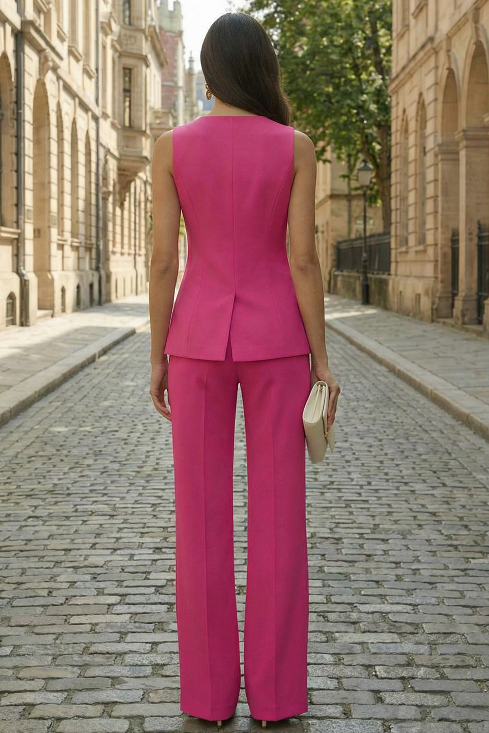 2 Piece Fuchsia V-Neck Single Breasted Business Suits
