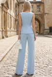 Sky Blue V-Neck 2 Piece Single Breasted Wide Leg Business Suits