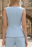 Sky Blue V-Neck 2 Piece Single Breasted Wide Leg Business Suits