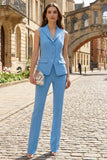 Blue 2 Piece Single Breasted Peak Lapel Sleeveless Business Suits
