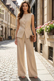 Light Khaki 2 Piece Crew Neck Single Breasted Sleeveless Business Suits