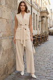 2 Piece Champagne Double Breasted Peak Lapel Business Suits with Sash