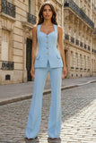 2 Piece Sky Blue Backless Halter Single Breasted Business Suits