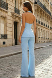 2 Piece Sky Blue Backless Halter Single Breasted Business Suits