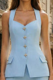 2 Piece Sky Blue Backless Halter Single Breasted Business Suits