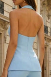 2 Piece Sky Blue Backless Halter Single Breasted Business Suits
