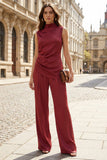 2 Piece Burgundy High Neck Ruched Wide Leg Business Suits
