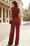 2 Piece Burgundy High Neck Ruched Wide Leg Business Suits