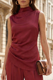 2 Piece Burgundy High Neck Ruched Wide Leg Business Suits