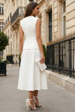 2 Piece Ivory V Neck A Line Single Breasted Midi Business Suits