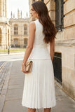2 Piece Ivory Pleated Sleeveless Double Breasted Midi Business Suits