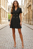 Black Tweed Double Breasted Short Work Dress with Sleeves