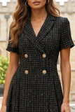 Black Tweed Double Breasted Short Work Dress with Sleeves