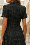 Black Tweed Double Breasted Short Work Dress with Sleeves