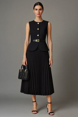2 Piece Black Round Neck Single Breasted A Line Midi Business Suits with Belt