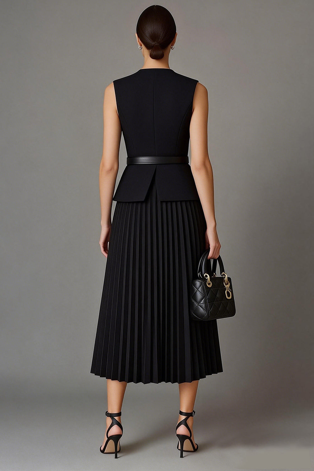 2 Piece Black Round Neck Single Breasted A Line Midi Business Suits with Belt