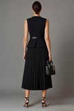 2 Piece Black Round Neck Single Breasted A Line Midi Business Suits with Belt