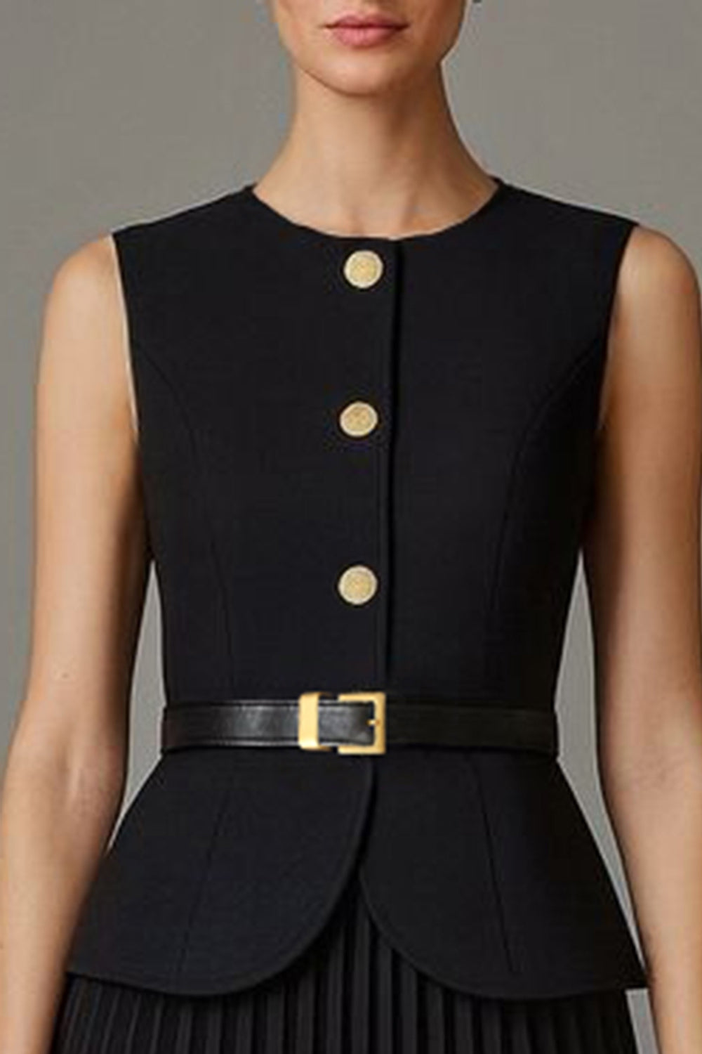 2 Piece Black Round Neck Single Breasted A Line Midi Business Suits with Belt