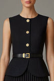 2 Piece Black Round Neck Single Breasted A Line Midi Business Suits with Belt