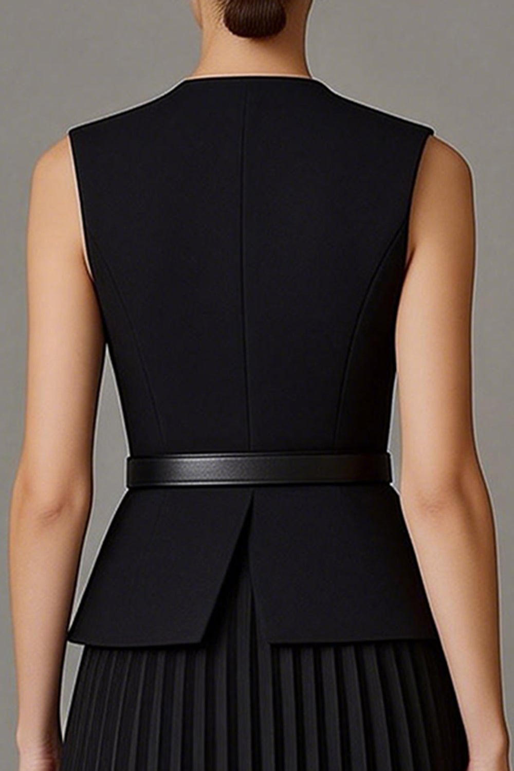 2 Piece Black Round Neck Single Breasted A Line Midi Business Suits with Belt
