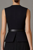 2 Piece Black Round Neck Single Breasted A Line Midi Business Suits with Belt