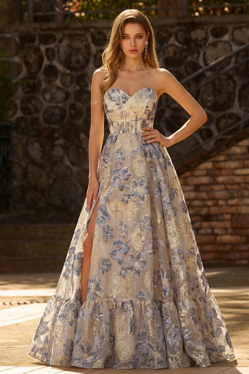 Dusty Blue Floral Ruffled Sweetheart Long Corset Prom Dress with Slit
