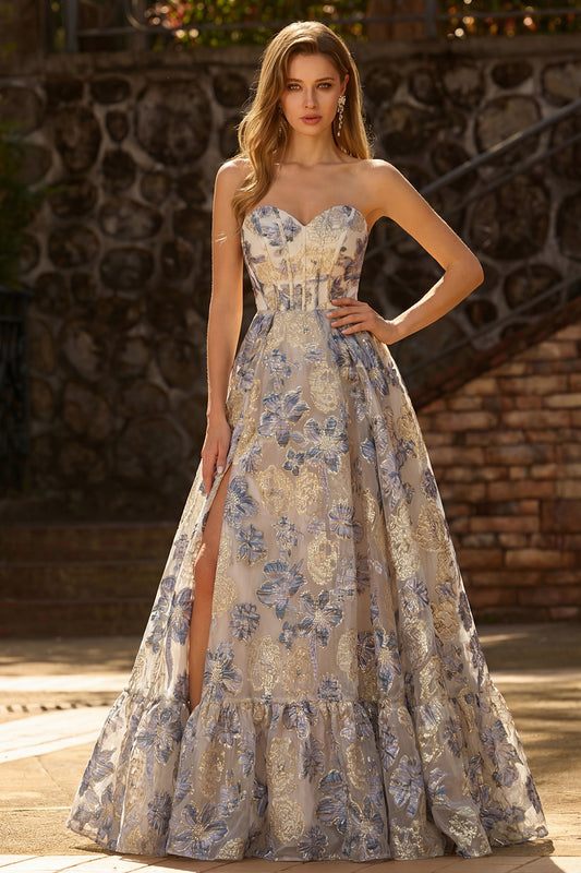 Dusty Blue Floral Ruffled Sweetheart Long Corset Prom Dress with Slit
