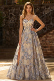 Dusty Blue Floral Ruffled Sweetheart Long Corset Prom Dress with Slit