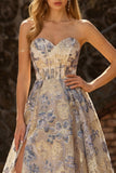 Dusty Blue Floral Ruffled Sweetheart Long Corset Prom Dress with Slit